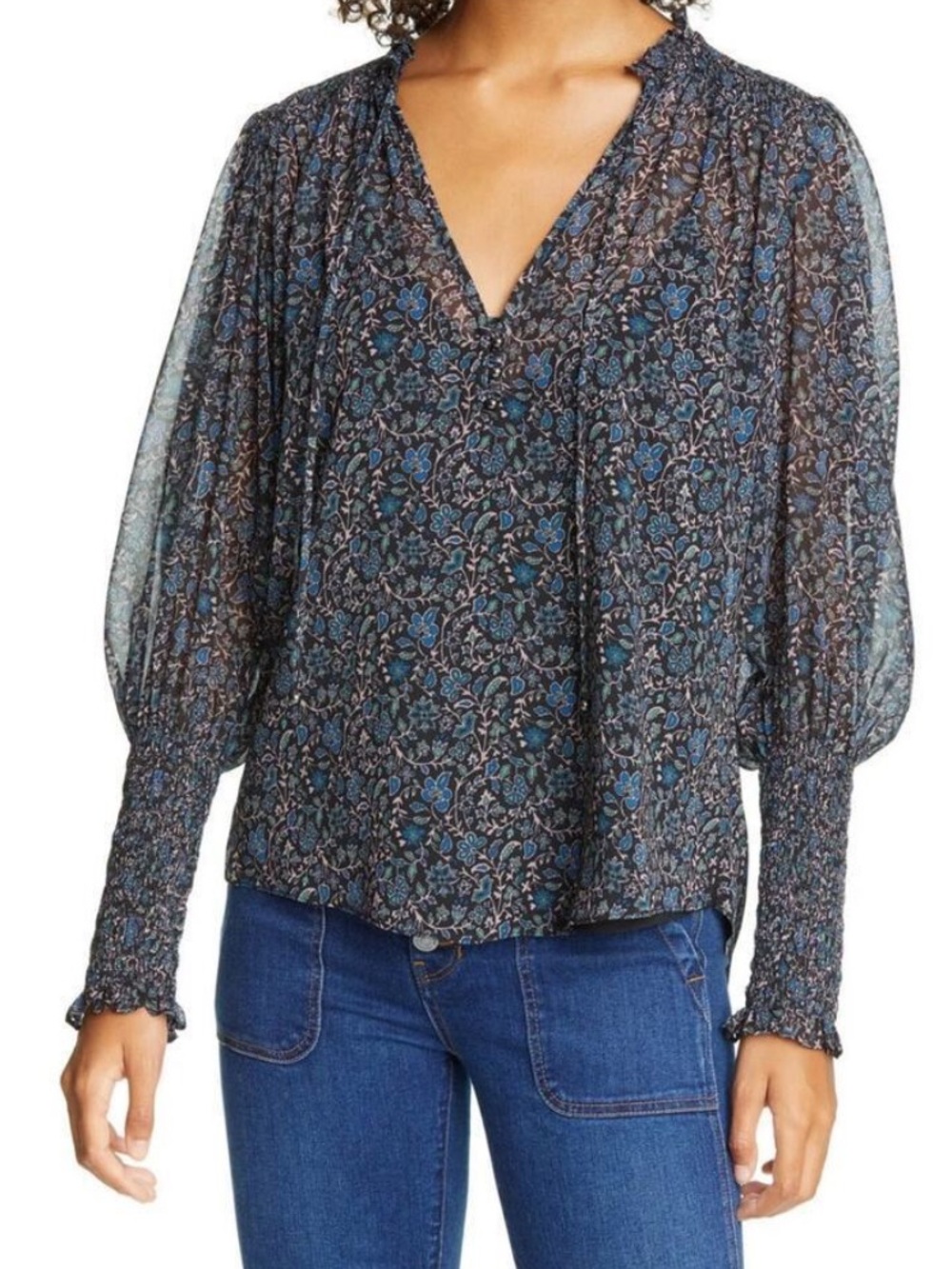 Veronica Beard Jaz Black Blue Floral Balloon Sleeve Blouse Women 8 Cami attached